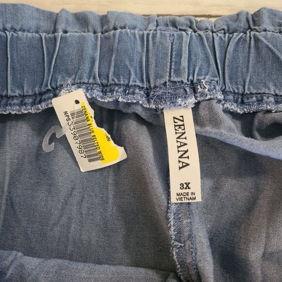 Zenana Palazzo Pants Chambray Wide Leg Paper Bag Waist Casual Frayed Hem NEW 3X - Picture 3 of 8